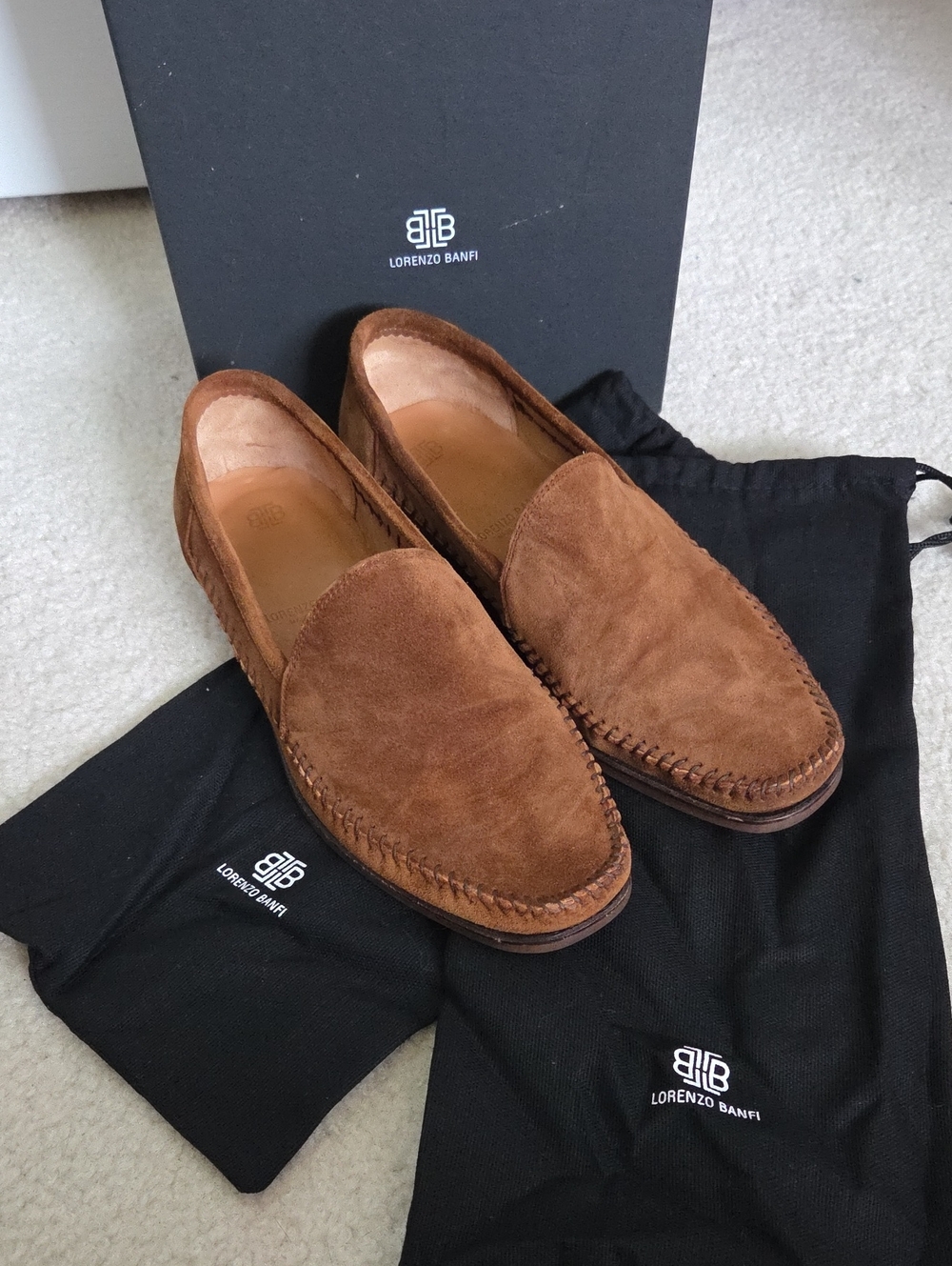 Nearly New In Box Vintage Lorenzo Banfi Suede Slip-On Loafers in Cognac
